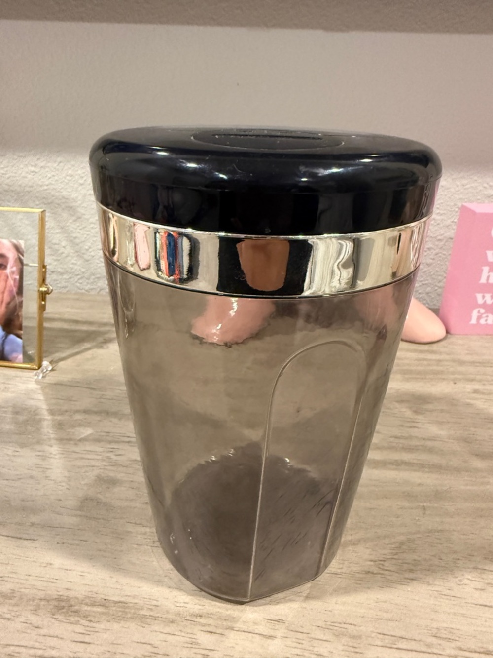 Black and grey Acrylic money Storage Jar with Black Lid and Silver Accent